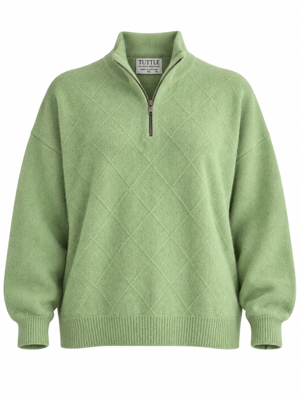 TUTTLE | Scottish Pure Wool Pistachio Diamond Quarter Zip Sweater | XXL